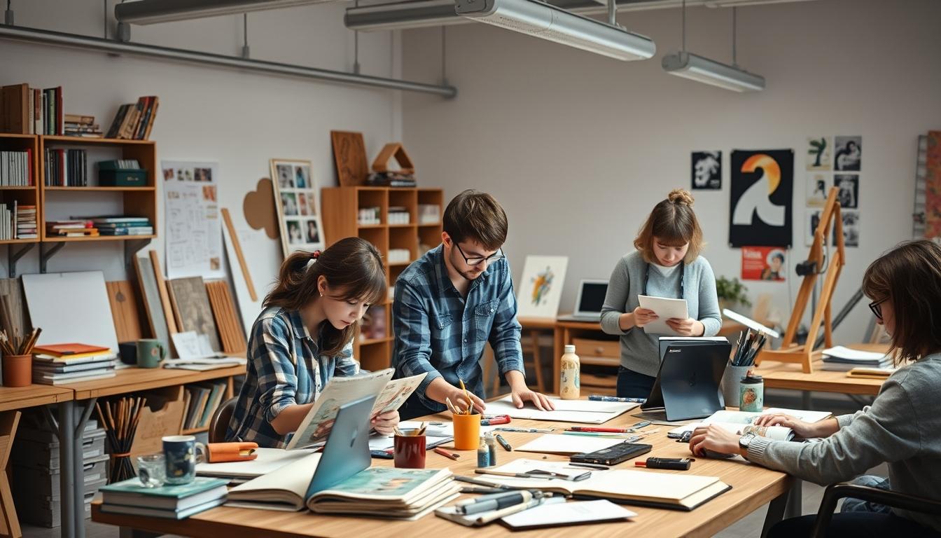 Students studying together in modern classroom